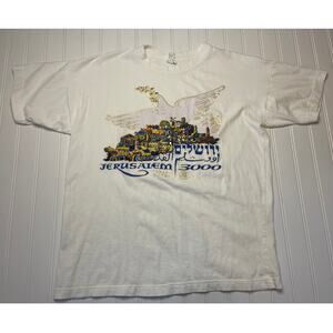 Vintage Art of the Land Jerusalem Israel T-Shirt White Short Sleeve - Size Large